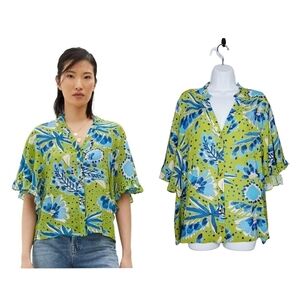 Anthropologie Green Vera Valley Flutter Sleeve Blouse